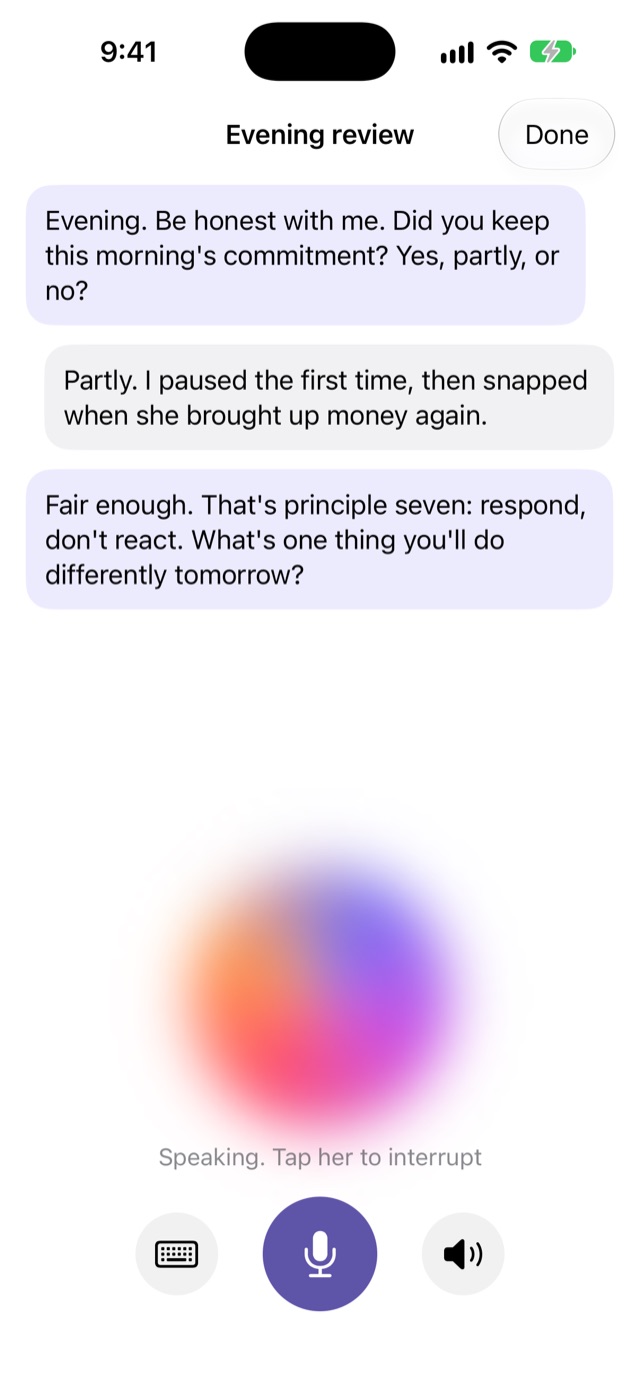 An evening review with Aura. She asks whether he kept the morning's commitment; he says partly; she names principle seven and asks what he'll do differently tomorrow.